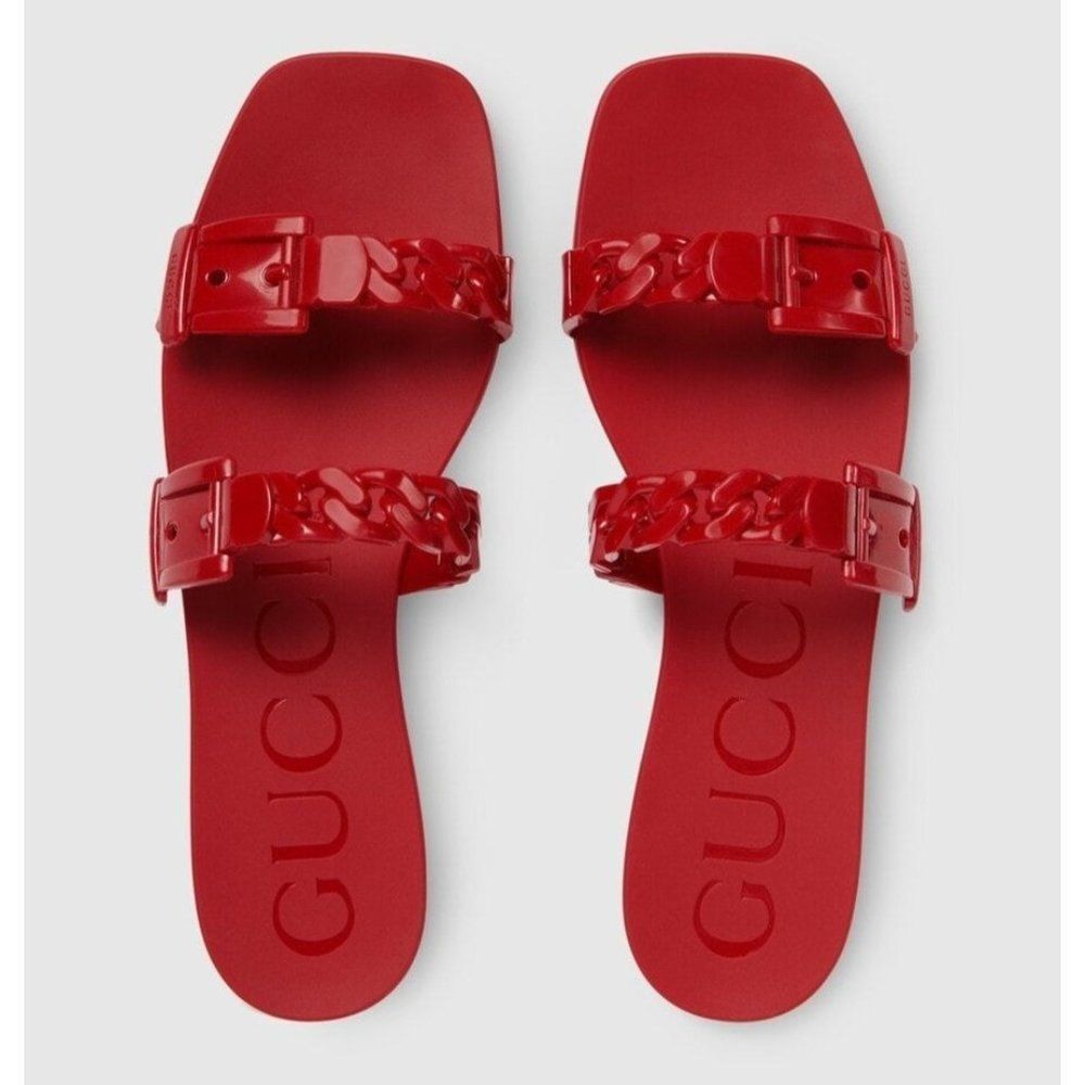 Gucci Red Double-Strap Chain Slide Sandals